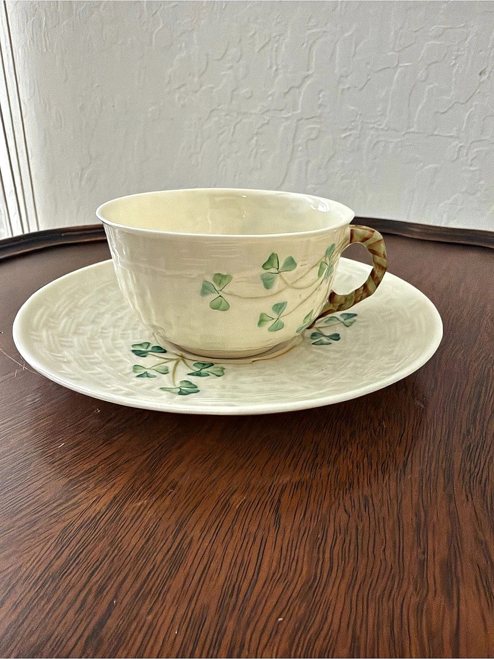 Belleek Shamrock Basketweave Teacup and Saucer Cream & Green